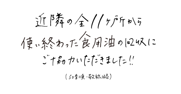 近隣の全12ヶ所から廃食油の回収にご協力いただきました!!（50音順・敬称略）